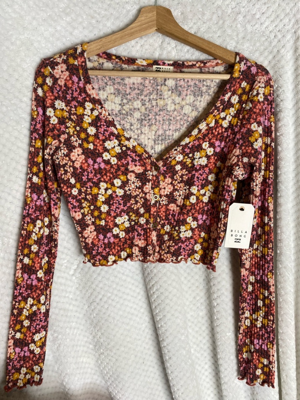 Billabong Pink Falling in Love Floral Ribbed Button Crop Top